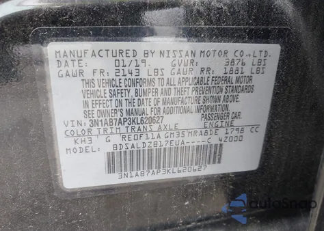2019 Nissan Sentra Sv from USA, damaged, VIN 3N1AB7AP3KL620627